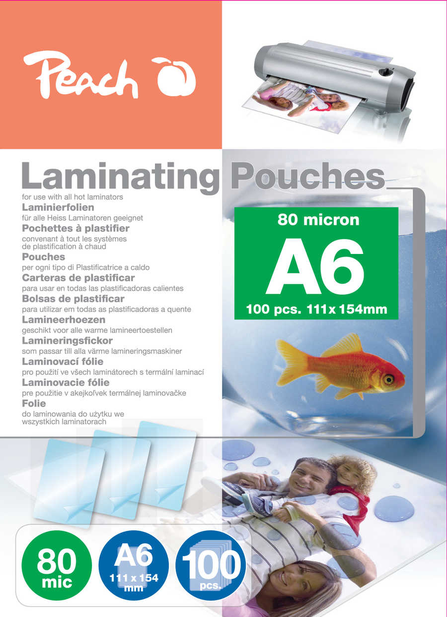 Peach  Laminierfolie A6 | 80 mic | 100 St. | glänzend | Premiumqualität für beste Laminierergebnisse | kompatibel mit Geräten aller Markenhersteller | PP580-04 