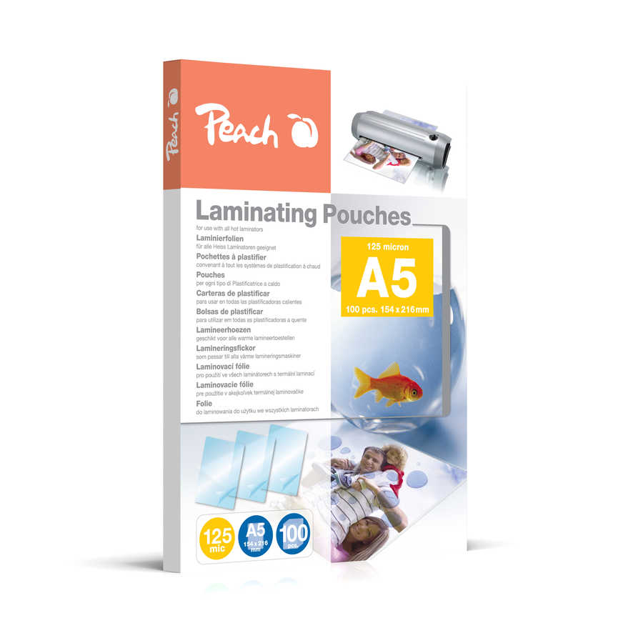 Peach  Laminierfolie A5 | 125 mic | 100 St. | glänzend | Premiumqualität für beste Laminierergebnisse | kompatibel mit Geräten aller Markenhersteller | PP525-03 