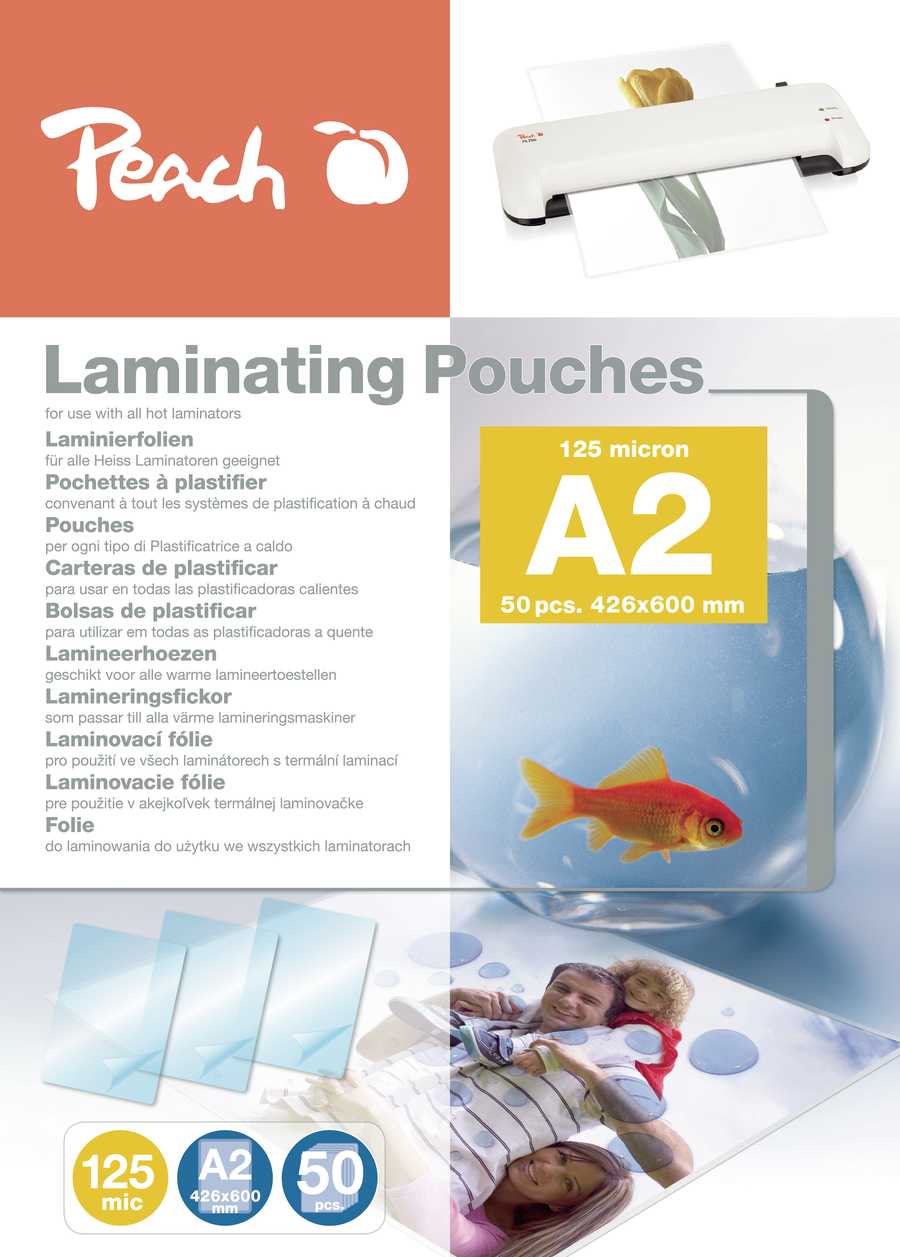 Peach  Laminierfolie A2 | 125 mic | 50 St. | glänzend | Premiumqualität für beste Laminierergebnisse | geeignet für alle Laminiergeräte | PP525-12 