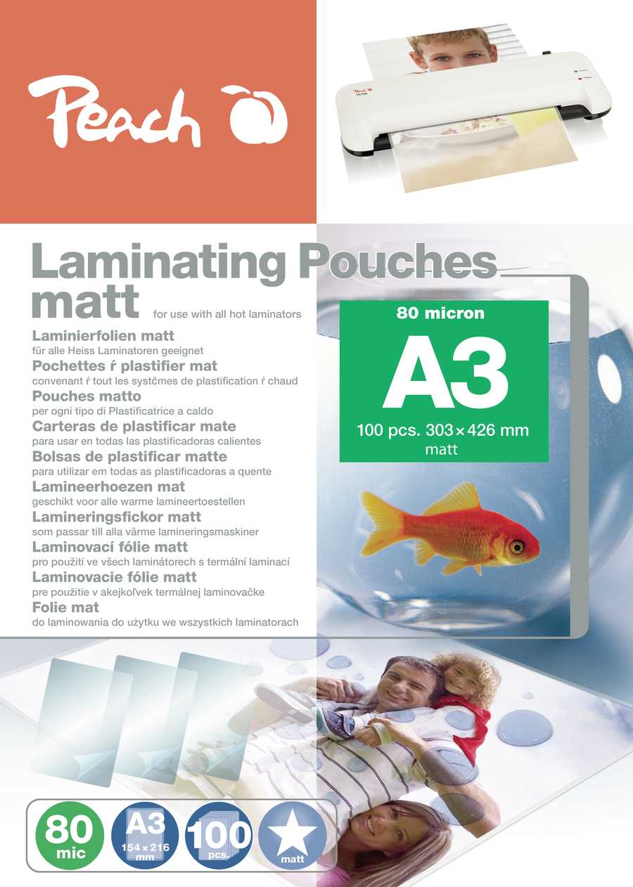 Peach  Laminierfolie A3 | 80 mic | 100 St. | matt | beschreibbar | Premiumqualität für beste Laminierergebnisse | geeignet für alle Laminiergeräte | S-PP580-15 