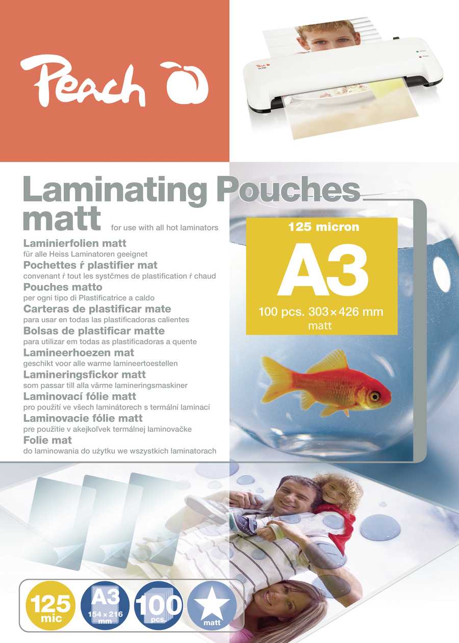 Peach  Laminierfolie A3 | 125 mic | 100 St. | matt | beschreibbar | Premiumqualität für beste Laminierergebnisse | geeignet für alle Laminiergeräte | S-PP525-15 