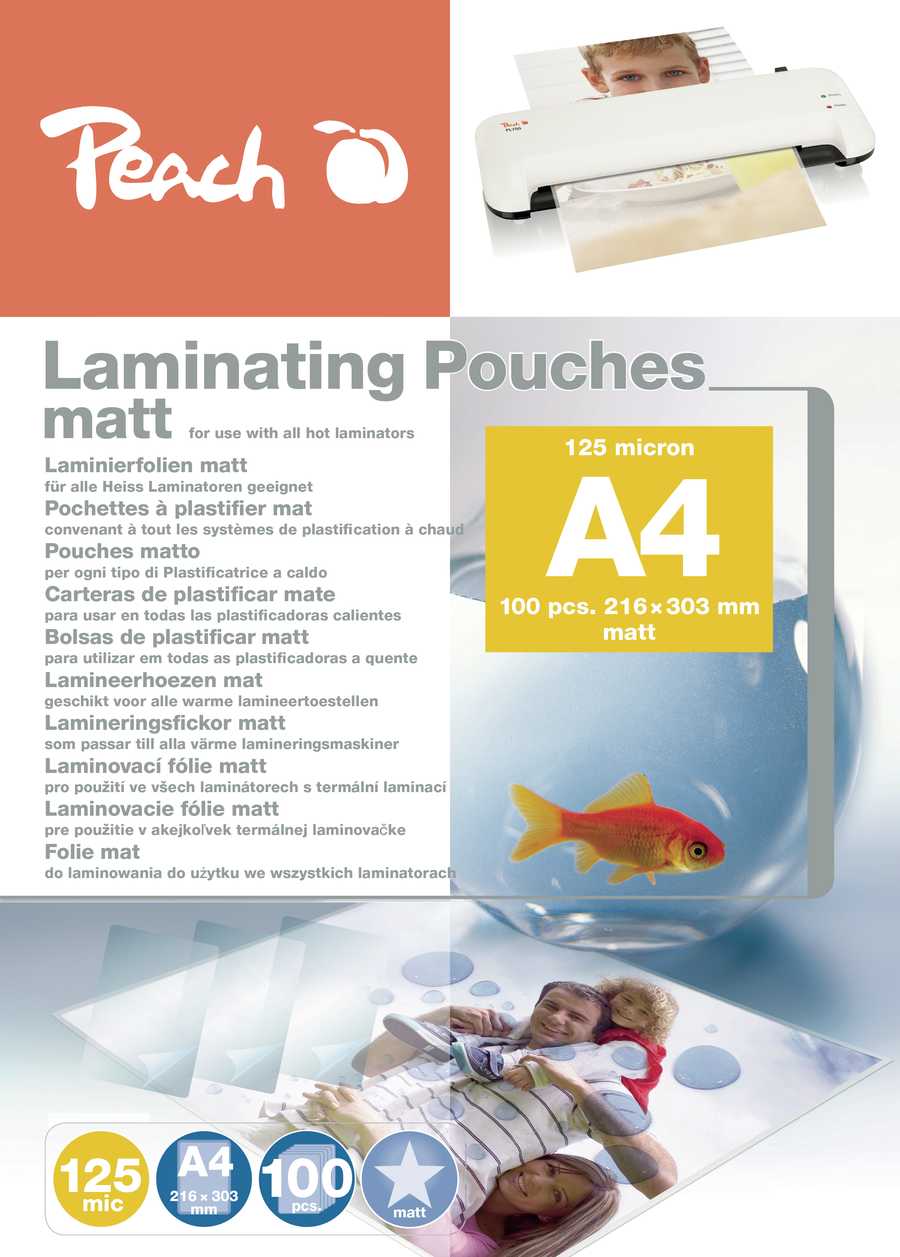 Peach  Laminierfolie A4 | 125 mic | 100 St. | matt | beschreibbar | Premiumqualität für beste Laminierergebnisse | geeignet für alle Laminiergeräte | S-PP525-22 