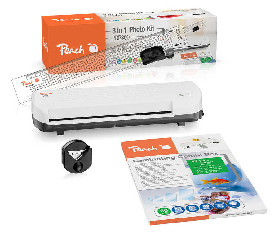 Peach  4 in 1 Laminierset inklusive Laminiergerät, Eckenrunder, Rollenschneider und Folien | für Heim und Büro | geeignet für alle handelsüblichen Folien in allen Größen bis max. A4 | PBP300 
