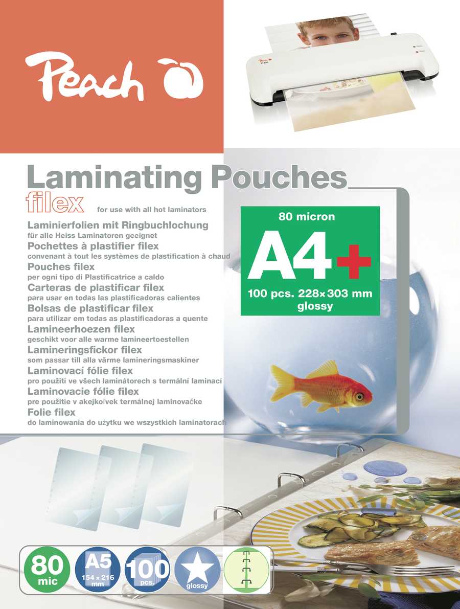 Peach  Laminierfolie A4 | 80 mic | 100 St. | abheftbar | zum praktischen Abheften im Ordner | geeignet für alle Laminiergeräte | S-PP580-21 