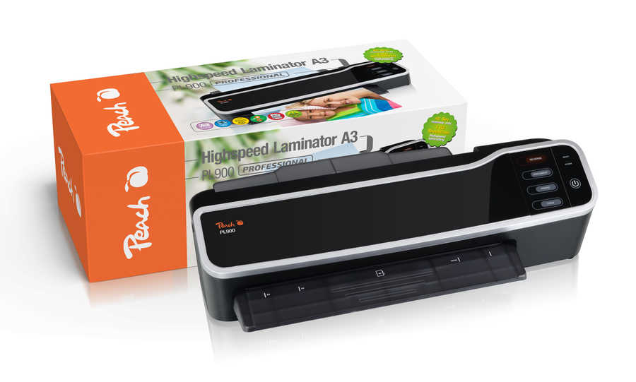Peach  Professional Highspeed Laminator A3 inkl. gratis Starterpaket | Automatische Folienerkennung | schnell startklar nur 60 Sekunden vs. 3-5 Min. | 5 Folien A4 pro Minute / 5 Mal schneller als bisher üblich | PL900 
