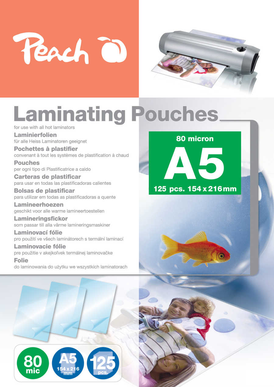 Peach  Laminierfolie A5 | 80 mic | 125 St. | glänzend | Premiumqualität für beste Laminierergebnisse | kompatibel mit Geräten aller Markenhersteller | PP580-03P 
