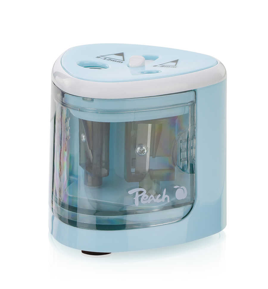 Peach  elektrischer universal Anspitzer blau | inkl. Ersatzteile | für alle Bleistifte, Buntstifte, Eyeliner und Wachsmalstifte | Doppelspitzer für Stifte von 6-8 mm und 9-12 mm | PO102 