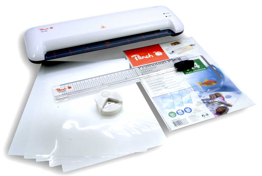 Peach  4 in 1 Laminierset inklusive Laminiergerät, Eckenrunder, Rollenschneider und Folien | für Heim und Büro | geeignet für alle handelsüblichen Folien in allen Größen bis max. A3 | PL755+ 
