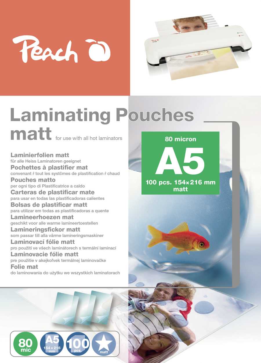 Peach  Laminierfolie A5 | 80 mic | 100 St. | matt | beschreibbar | Premiumqualität für beste Laminierergebnisse | geeignet für alle Laminiergeräte | S-PP580-30 