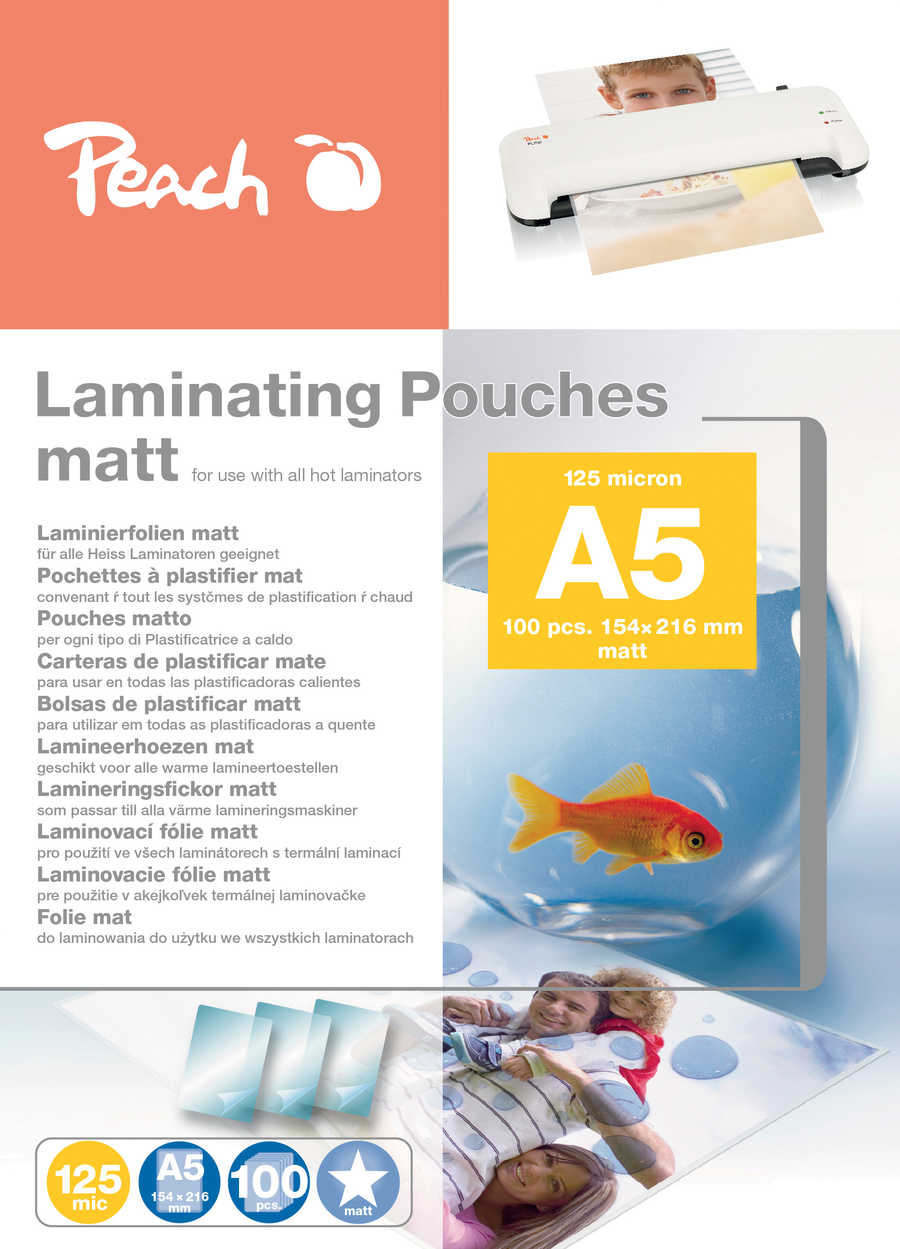 Peach  Laminierfolie A5 | 125 mic | 100 St. | matt | beschreibbar | Premiumqualität für beste Laminierergebnisse | geeignet für alle Laminiergeräte | S-PP525-30 